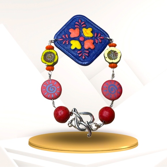 Hand crafted Blue Polymer Clay Bracelet Mexican Tile Design with Czech Glass - Picture 1 of 5